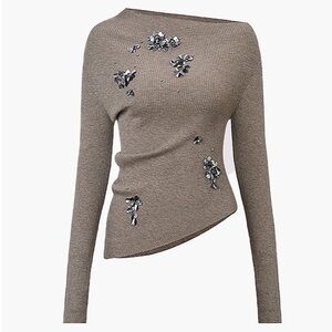 Wool-Blend Asymmetrical Sequins Knit Sweater with Floral Accents